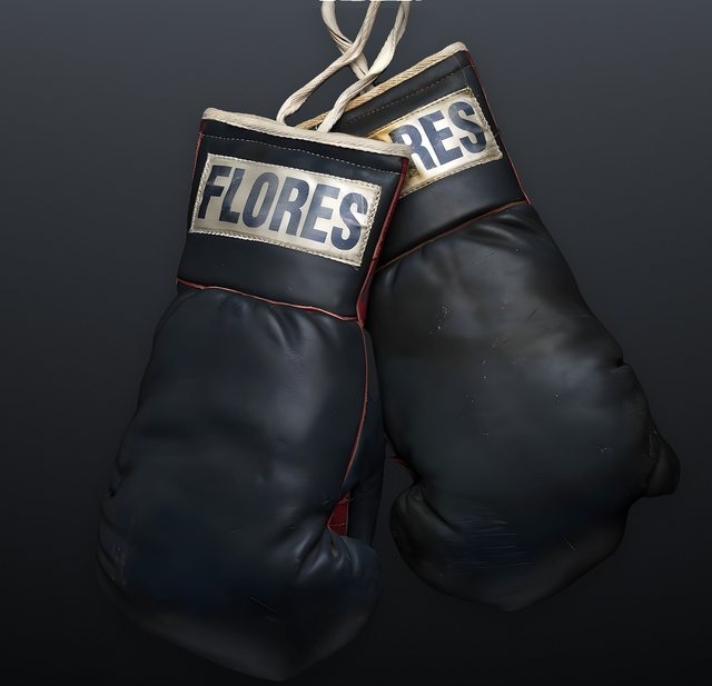 A worn pair of black FLORES gloves hanging by a cotton cord against a black ground, red piping showing along the seams and the FLORES label lettered in navy.